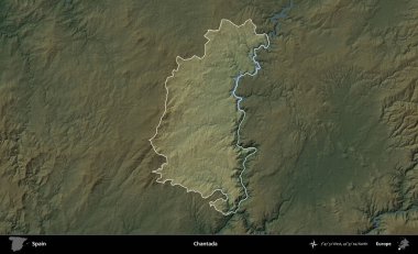 Chantada. İspanya 'nın idari alanı koyu renkli bir yükseklik haritasına vurgulanmış ve özetlenmiştir