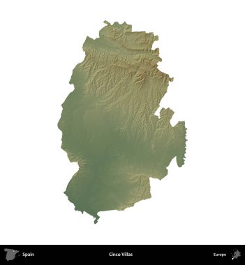 Cinco Villası. İspanya 'nın idari bölgesi renkli bir yükseklik haritasında beyaza izole edilmiş