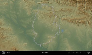 Cinco Villası. İspanya 'nın idari bölgesi renkli bir yükseklik haritasında özetlenmiştir