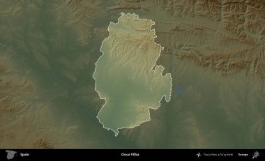 Cinco Villası. İspanya 'nın idari alanı koyu renkli bir yükseklik haritasına vurgulanmış ve özetlenmiştir