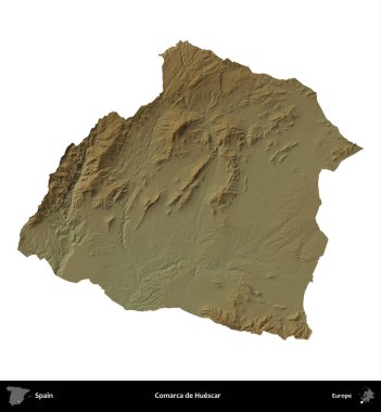 Comarca de Huescar. İspanya 'nın idari bölgesi renkli bir yükseklik haritasında beyaza izole edilmiş