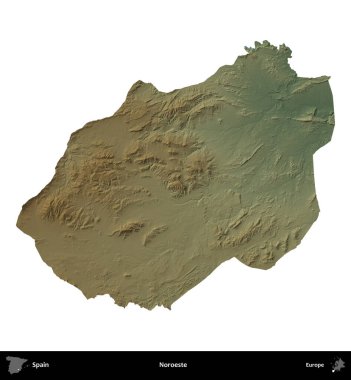 Noroeste. İspanya 'nın idari bölgesi renkli bir yükseklik haritasında beyaza izole edilmiş