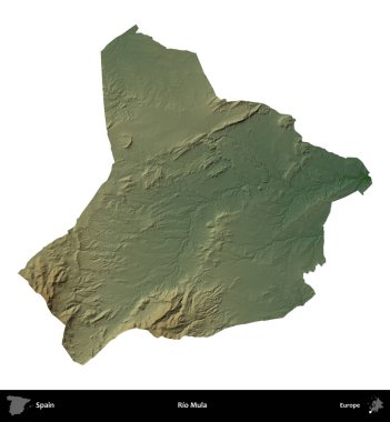 Rio Mula. İspanya 'nın idari bölgesi renkli bir yükseklik haritasında beyaza izole edilmiş
