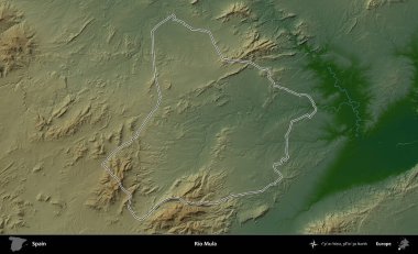 Rio Mula. İspanya 'nın idari bölgesi renkli bir yükseklik haritasında özetlenmiştir