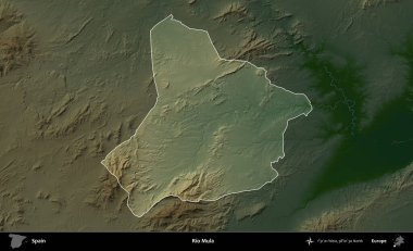 Rio Mula. İspanya 'nın idari alanı koyu renkli bir yükseklik haritasına vurgulanmış ve özetlenmiştir