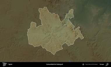 Calatayud yoldaşı. İspanya 'nın idari alanı koyu renkli bir yükseklik haritasına vurgulanmış ve özetlenmiştir