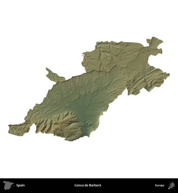 Conca de Barbera 'da. İspanya 'nın idari bölgesi renkli bir yükseklik haritasında beyaza izole edilmiş