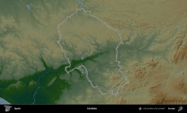 Cordoba. İspanya 'nın idari bölgesi renkli bir yükseklik haritasında özetlenmiştir