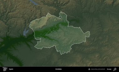 Cordoba. İspanya 'nın idari alanı koyu renkli bir yükseklik haritasına vurgulanmış ve özetlenmiştir