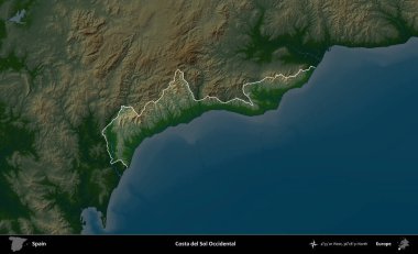 Costa del Sol Batı Yakası. İspanya 'nın idari alanı koyu renkli bir yükseklik haritasına vurgulanmış ve özetlenmiştir