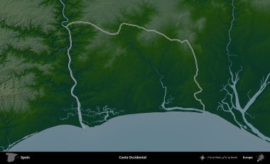Costa Batı Yakası. İspanya 'nın idari bölgesi renkli bir yükseklik haritasında özetlenmiştir