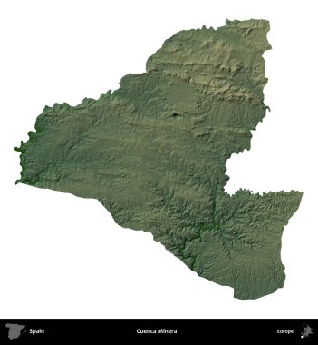 Cuenca Minera. İspanya 'nın idari bölgesi renkli bir yükseklik haritasında beyaza izole edilmiş