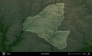 Cuenca Minera. İspanya 'nın idari alanı koyu renkli bir yükseklik haritasına vurgulanmış ve özetlenmiştir