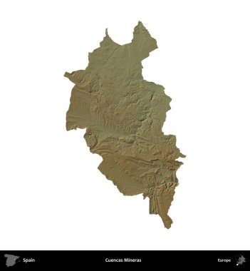 Cuencas Mineras. İspanya 'nın idari bölgesi renkli bir yükseklik haritasında beyaza izole edilmiş