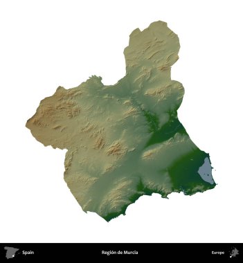 Murcia bölgesi. İspanya 'nın idari bölgesi renkli bir yükseklik haritasında beyaza izole edilmiş