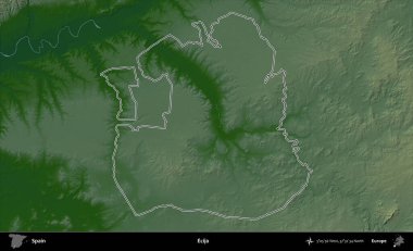 Ecija. İspanya 'nın idari bölgesi renkli bir yükseklik haritasında özetlenmiştir