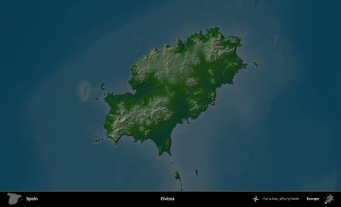 Eivissa. İspanya 'nın idari alanı koyu renkli bir yükseklik haritasına vurgulanmış ve özetlenmiştir