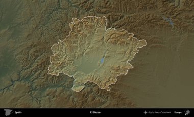 El Bierzo 'da. İspanya 'nın idari alanı koyu renkli bir yükseklik haritasına vurgulanmış ve özetlenmiştir