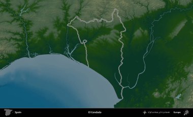 El Condado 'da. İspanya 'nın idari bölgesi renkli bir yükseklik haritasında özetlenmiştir