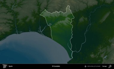 El Condado 'da. İspanya 'nın idari alanı koyu renkli bir yükseklik haritasına vurgulanmış ve özetlenmiştir