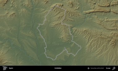 Erdialdea. İspanya 'nın idari bölgesi renkli bir yükseklik haritasında özetlenmiştir