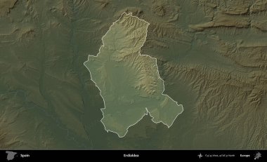 Erdialdea. İspanya 'nın idari alanı koyu renkli bir yükseklik haritasına vurgulanmış ve özetlenmiştir