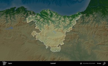 Euskadi. İspanya 'nın idari alanı koyu renkli bir yükseklik haritasına vurgulanmış ve özetlenmiştir