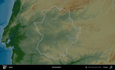 Extremadura. İspanya 'nın idari bölgesi renkli bir yükseklik haritasında özetlenmiştir