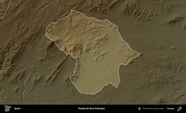 Don Fadrique Puebla 'sı. İspanya 'nın idari alanı koyu renkli bir yükseklik haritasına vurgulanmış ve özetlenmiştir