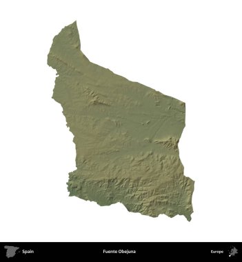 Fuente Obejuna. İspanya 'nın idari bölgesi renkli bir yükseklik haritasında beyaza izole edilmiş