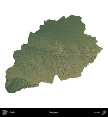 Garrigues. İspanya 'nın idari bölgesi renkli bir yükseklik haritasında beyaza izole edilmiş