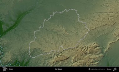 Garrigues. İspanya 'nın idari bölgesi renkli bir yükseklik haritasında özetlenmiştir