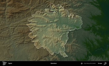 Boğulma. İspanya 'nın idari alanı koyu renkli bir yükseklik haritasına vurgulanmış ve özetlenmiştir