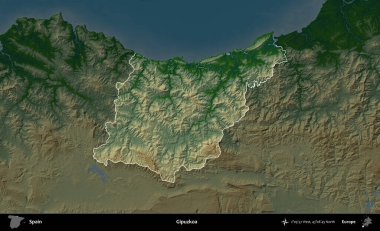Gipuzkoa. İspanya 'nın idari alanı koyu renkli bir yükseklik haritasına vurgulanmış ve özetlenmiştir