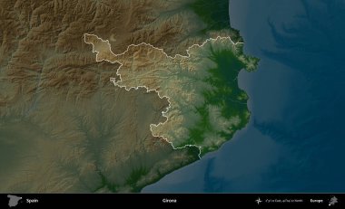 Girona. İspanya 'nın idari alanı koyu renkli bir yükseklik haritasına vurgulanmış ve özetlenmiştir