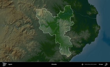 Kızlar. İspanya 'nın idari alanı koyu renkli bir yükseklik haritasına vurgulanmış ve özetlenmiştir