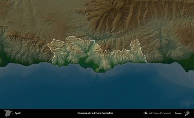 Comarca de la Costa Granadina. İspanya 'nın idari alanı koyu renkli bir yükseklik haritasına vurgulanmış ve özetlenmiştir