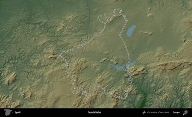 Guadalteba. İspanya 'nın idari bölgesi renkli bir yükseklik haritasında özetlenmiştir