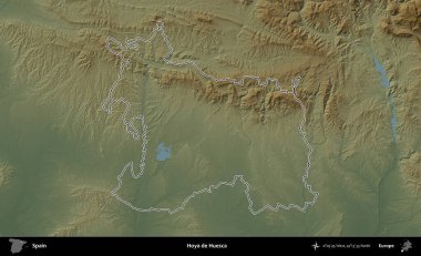 Hoya de Huesca. İspanya 'nın idari bölgesi renkli bir yükseklik haritasında özetlenmiştir