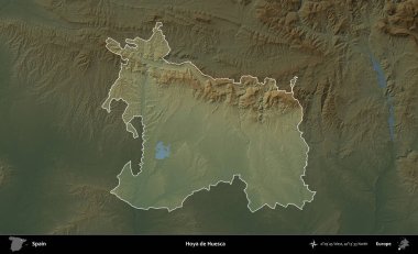 Hoya de Huesca. İspanya 'nın idari alanı koyu renkli bir yükseklik haritasına vurgulanmış ve özetlenmiştir