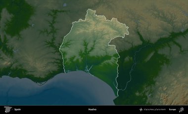 Huelva. İspanya 'nın idari alanı koyu renkli bir yükseklik haritasına vurgulanmış ve özetlenmiştir