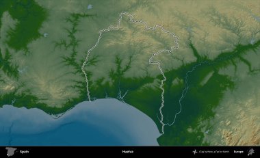 Huelva. İspanya 'nın idari bölgesi renkli bir yükseklik haritasında özetlenmiştir