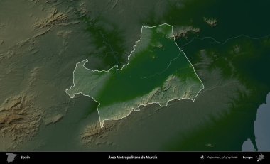 Metropolitana de Murcia bölgesi. İspanya 'nın idari alanı koyu renkli bir yükseklik haritasına vurgulanmış ve özetlenmiştir