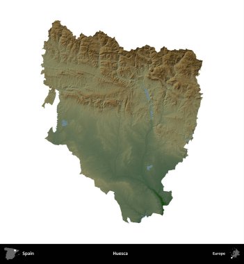 Huesca. İspanya 'nın idari bölgesi renkli bir yükseklik haritasında beyaza izole edilmiş