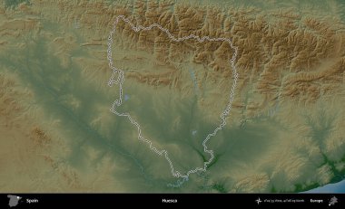 Huesca. İspanya 'nın idari bölgesi renkli bir yükseklik haritasında özetlenmiştir