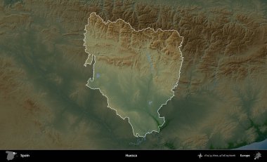 Huesca. İspanya 'nın idari alanı koyu renkli bir yükseklik haritasına vurgulanmış ve özetlenmiştir