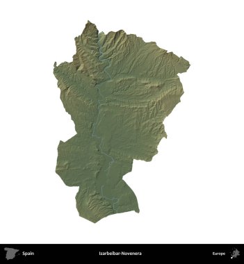 Izarbeibar-Novenera. İspanya 'nın idari bölgesi renkli bir yükseklik haritasında beyaza izole edilmiş