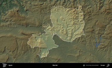 İbarrak. İspanya 'nın idari alanı koyu renkli bir yükseklik haritasına vurgulanmış ve özetlenmiştir