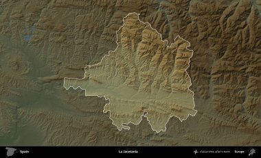La Jacetania 'da. İspanya 'nın idari alanı koyu renkli bir yükseklik haritasına vurgulanmış ve özetlenmiştir