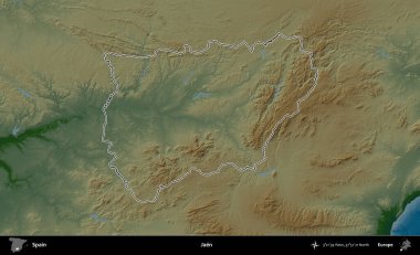 Jaen. İspanya 'nın idari bölgesi renkli bir yükseklik haritasında özetlenmiştir